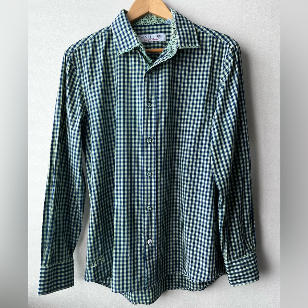 John Lennon by English Laundry Blue and Green Plaid Men's Cotton Shirt